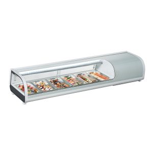 Polarman RTS-62L 60 1/5″ Countertop Refrigerated Sushi Display Case with Sliding Door, (6) 1/3 Size Pans, White