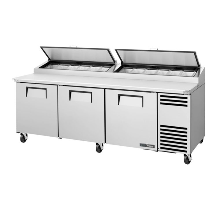 True TPP-AT2-93-HC 93 1/2″ 3 Door Refrigerated Pizza Prep Table with 2 Lids