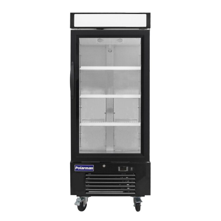 Polarman PLM-HGD12F 25″ Black Single Swing Glass Door Merchandiser Freezer with LED Lighting, 12 cu.ft