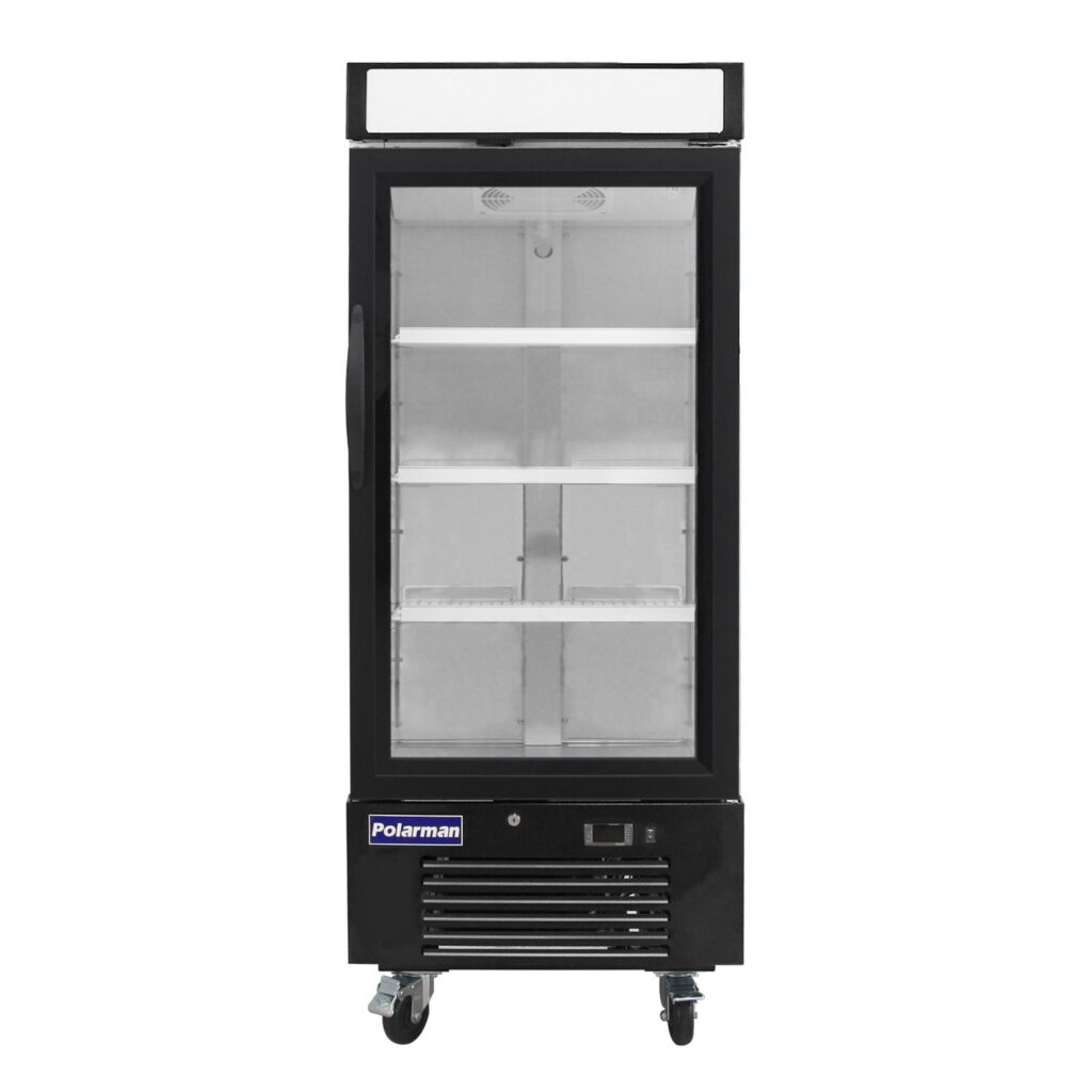 Polarman PLM-HGD12R 25″ Black Refrigerated Single Swing Glass Door Merchandiser with LED Lighting, 12 cu.ft