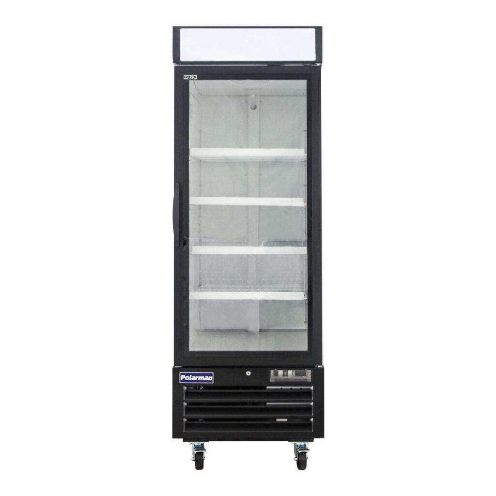 Polarman PLM-HGD23F 26 3/4″ Black Single Swing Glass Door Merchandiser Freezer with LED Lighting, 23 cu.ft