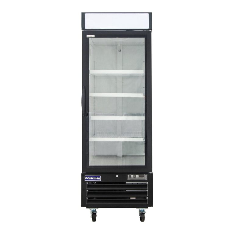Polarman PLM-HGD23R 26 3/4″ Black Refrigerated Single Swing Glass Door Merchandiser with LED Lighting, 23 cu.ft