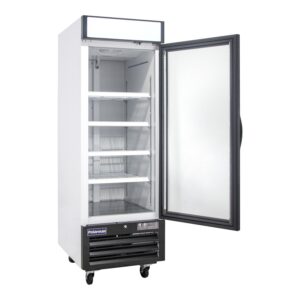 Polarman PLM-HGD23R 26 3/4″ Black Refrigerated Single Swing Glass Door Merchandiser with LED Lighting, 23 cu.ft