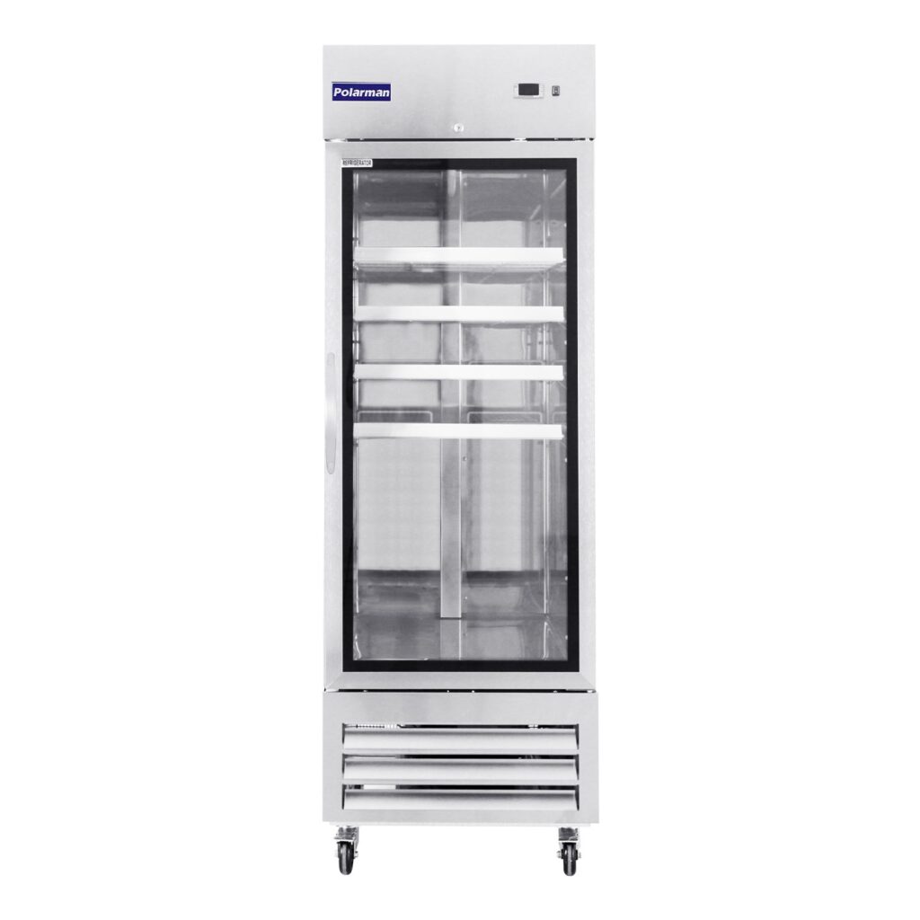 Polarman PLM-27RGS 26 3/4″ Reach-In Refrigerator with Single Glass Door with LED Lighting, Bottom Mount, Stainless Steel, 23 cu. ft.