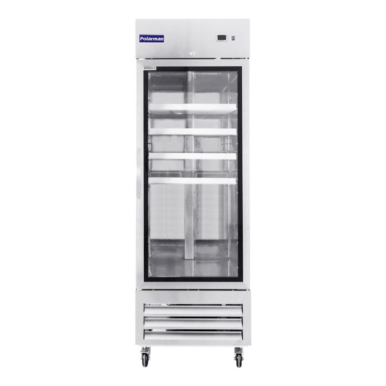 Polarman PLM-27RGS 68 cm refrigerador vertical con una puerta de vidrio con iluminación LED, montaje inferior, acero inoxidable, 23 pies cúbicos