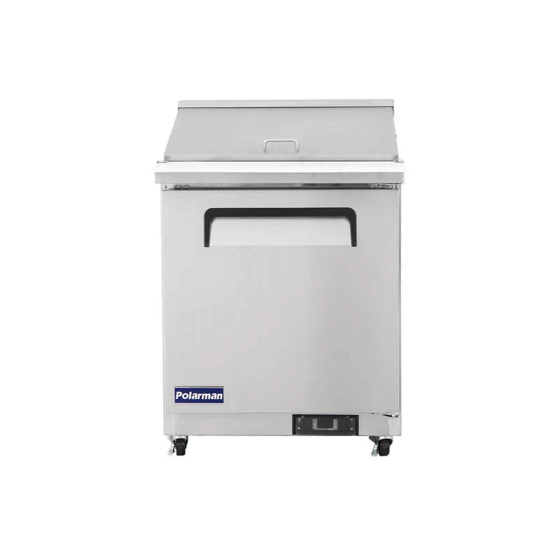 Polarman PLM-S29KS 28 15/16″ Stainless Steel Mega Top Sandwich Prep Table with One Solid Full Door, (12) 1/6 Size Pans