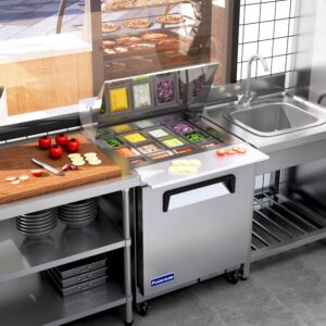 Polarman PLM-S29KS 28 15/16″ Stainless Steel Mega Top Sandwich Prep Table with One Solid Full Door, (12) 1/6 Size Pans