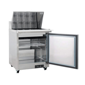 Polarman PLM-S29KS 28 15/16″ Stainless Steel Mega Top Sandwich Prep Table with One Solid Full Door, (12) 1/6 Size Pans