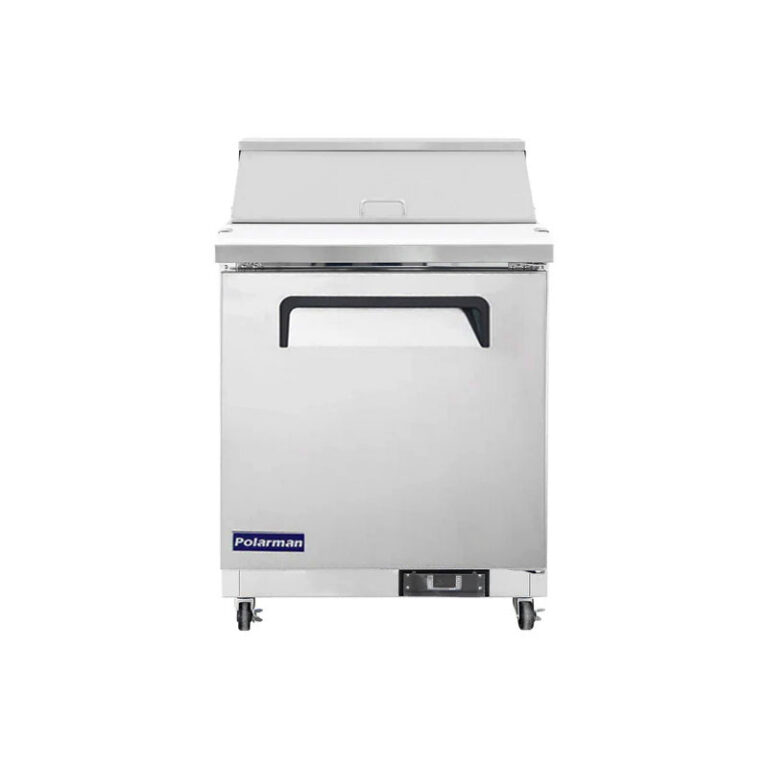 Polarman PLM-S29S 28 15/16″ Stainless Steel Sandwich Prep Table with One Solid Full Door, (8) 1/6 Size Pans