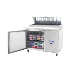 Polarman PLM-P44S 47 3/8″ Refrigerated Pizza Prep Table with One Solid Full Door, (6) 1/3 Size Pans