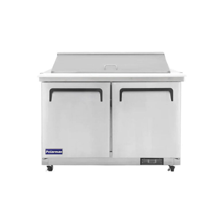 Polarman PLM-S48KS 48 1/4″ Stainless Steel Mega Top Sandwich Prep Table with Two Solid Full Doors, (18) 1/6 Size Pans