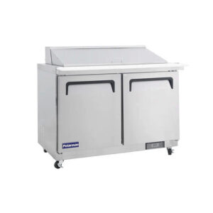 Polarman PLM-S48KS 48 1/4″ Stainless Steel Mega Top Sandwich Prep Table with Two Solid Full Doors, (18) 1/6 Size Pans