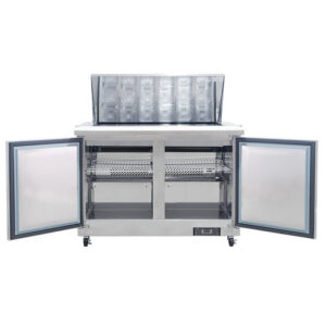 Polarman PLM-S48KS 48 1/4″ Stainless Steel Mega Top Sandwich Prep Table with Two Solid Full Doors, (18) 1/6 Size Pans