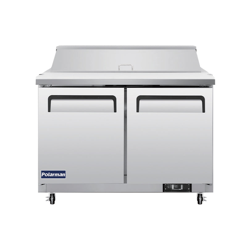 Polarman PLM-S48S 48 1/4″ Stainless Steel Sandwich Prep Table with Two Solid Full Doors, (12) 1/6 Size Pans