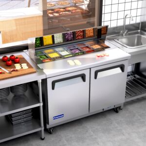 Polarman PLM-S48S 48 1/4″ Stainless Steel Sandwich Prep Table with Two Solid Full Doors, (12) 1/6 Size Pans