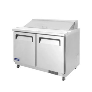 Polarman PLM-S48S 48 1/4″ Stainless Steel Sandwich Prep Table with Two Solid Full Doors, (12) 1/6 Size Pans