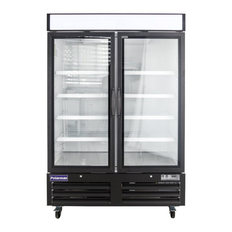 Polarman PLM-HGD48F 53 15/16″ Black Double Swing Glass Door Merchandiser Freezer with LED Lighting, 48 cu.ft