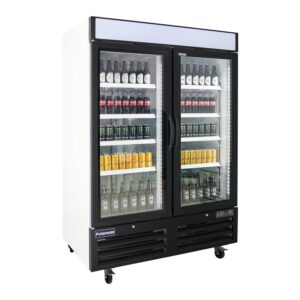 Polarman PLM-HGD48F 53 15/16″ Black Double Swing Glass Door Merchandiser Freezer with LED Lighting, 48 cu.ft