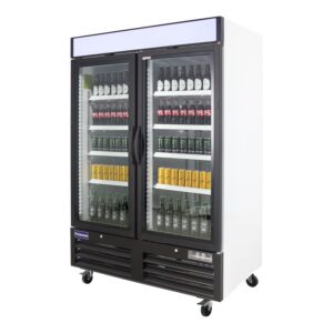 Polarman PLM-HGD48F 53 15/16″ Black Double Swing Glass Door Merchandiser Freezer with LED Lighting, 48 cu.ft