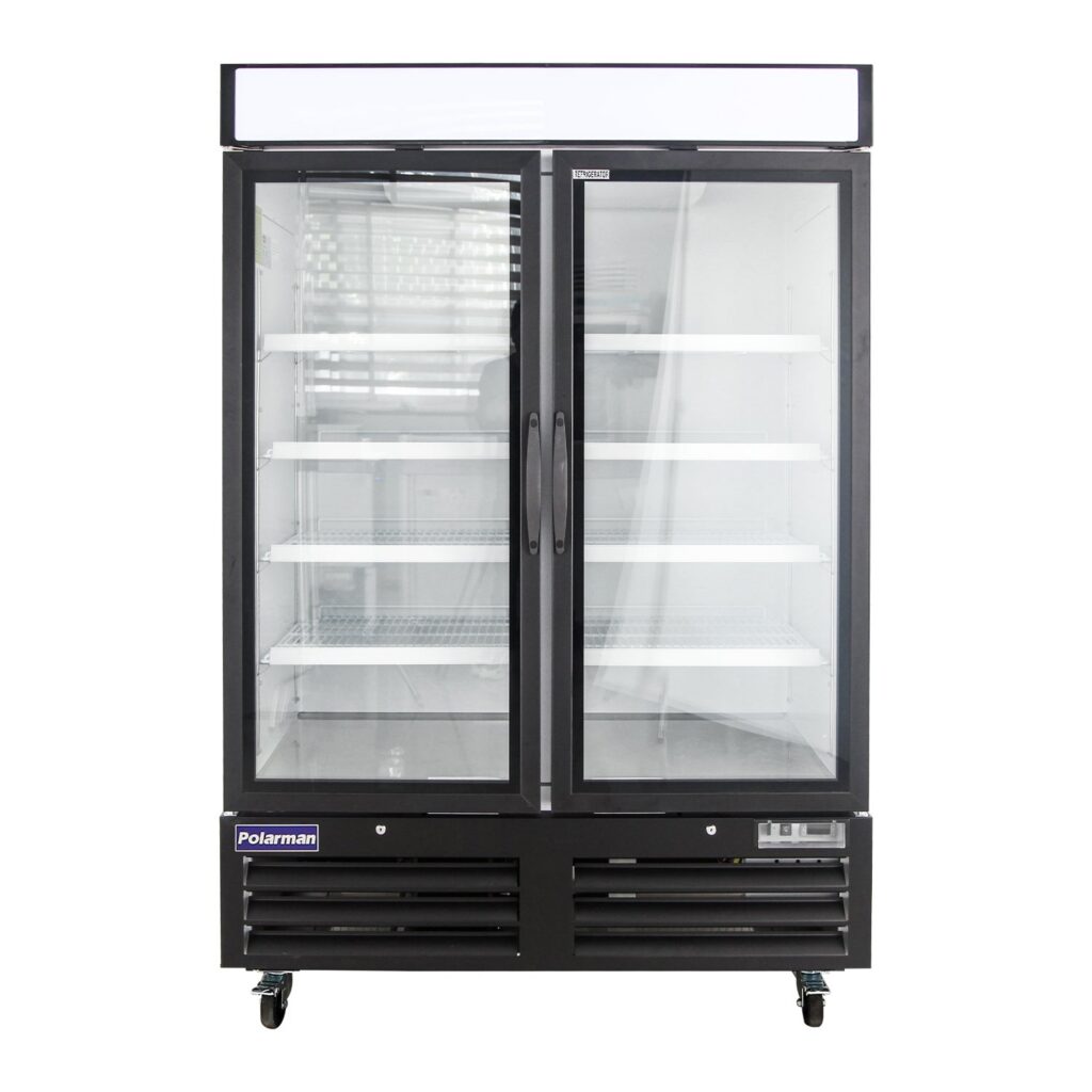 Polarman PLM-HGD48R 53 15/16″ Black Refrigerated Double Swing Glass Door Merchandiser with LED Lighting, 48 cu.ft