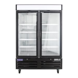 Polarman PLM-HGD48R 53 15/16″ Black Refrigerated Double Swing Glass Door Merchandiser with LED Lighting, 48 cu.ft