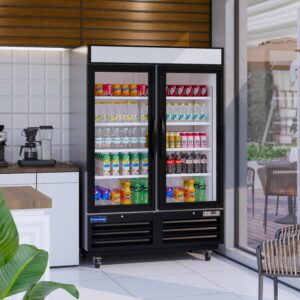 Polarman PLM-HGD48R 53 15/16″ Black Refrigerated Double Swing Glass Door Merchandiser with LED Lighting, 48 cu.ft