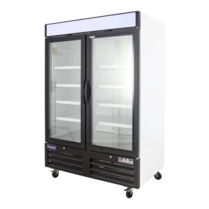 Polarman PLM-HGD48R 53 15/16″ Black Refrigerated Double Swing Glass Door Merchandiser with LED Lighting, 48 cu.ft