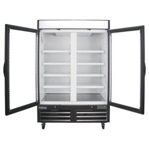 Polarman PLM-HGD48R 53 15/16″ Black Refrigerated Double Swing Glass Door Merchandiser with LED Lighting, 48 cu.ft