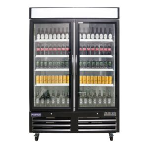 Polarman PLM-HGD48R 53 15/16″ Black Refrigerated Double Swing Glass Door Merchandiser with LED Lighting, 48 cu.ft