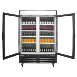 Polarman PLM-HGD48R 53 15/16″ Black Refrigerated Double Swing Glass Door Merchandiser with LED Lighting, 48 cu.ft