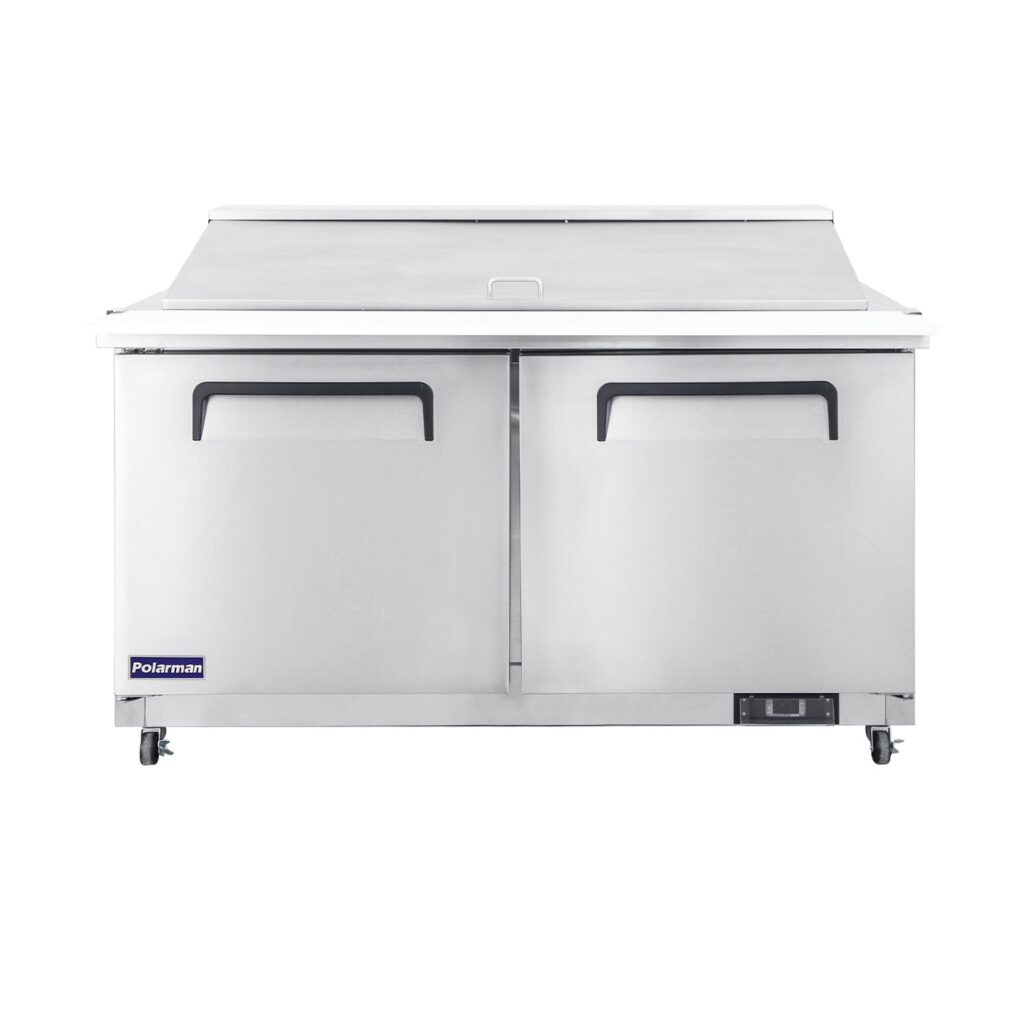 Polarman PLM-S60KS 61 1/4″ Stainless Steel Mega Top Sandwich Prep Table with Two Solid Full Doors, (24) 1/6 Size Pans