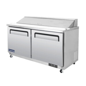 Polarman PLM-S60S 61 1/4″ Stainless Steel Sandwich Prep Table with Two Solid Full Doors, (16) 1/6 Size Pans