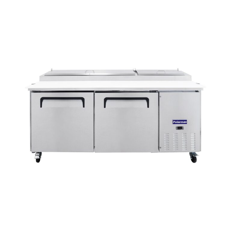 Polarman PLM-P67S 70 3/4″ Refrigerated Pizza Prep Table with Two Solid Full Doors, (9) 1/3 Size Pans