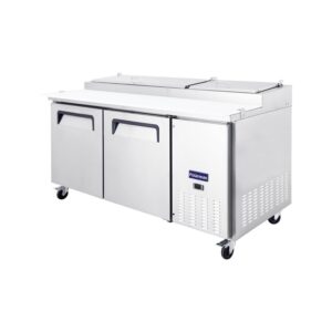 Polarman PLM-P67S 70 3/4″ Refrigerated Pizza Prep Table with Two Solid Full Doors, (9) 1/3 Size Pans