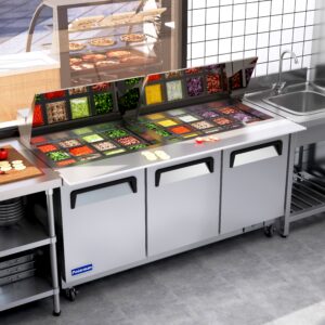 Polarman PLM-S72KS 71 3/4″ Stainless Steel Mega Top Sandwich Prep Table with Three Solid Full Doors, (27) 1/6 Size Pans