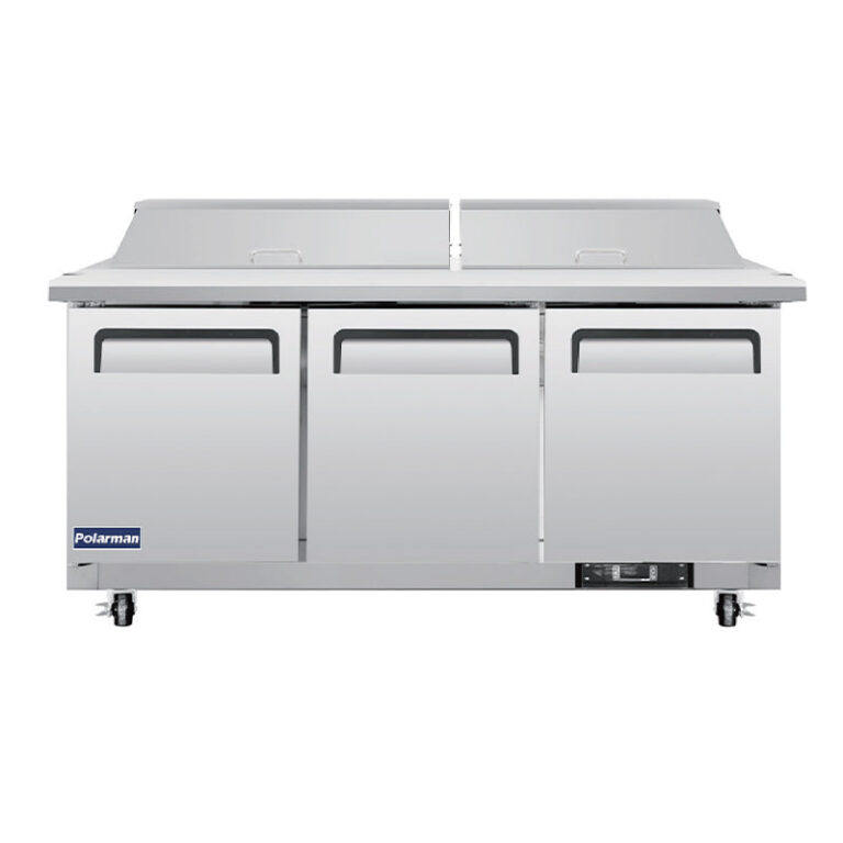 Polarman PLM-S72S 71 3/4″ Stainless Steel Sandwich Prep Table with Three Solid Full Doors, (18) 1/6 Size Pans