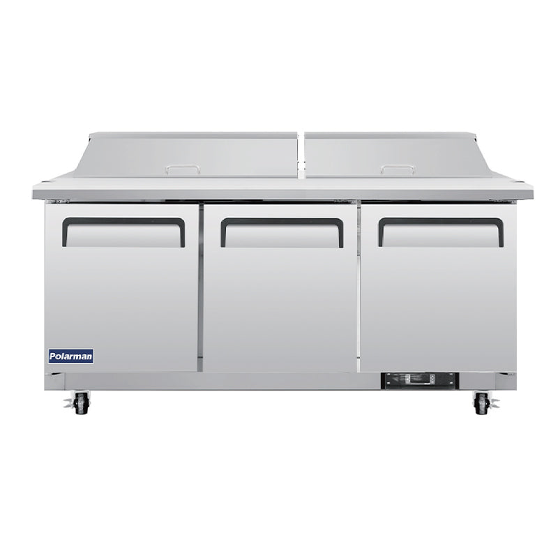 Polarman PLM-S72S 71 3/4″ Stainless Steel Sandwich Prep Table with Three Solid Full Doors, (18) 1/6 Size Pans