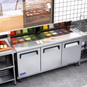 Polarman PLM-S72S 71 3/4″ Stainless Steel Sandwich Prep Table with Three Solid Full Doors, (18) 1/6 Size Pans