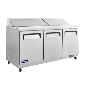 Polarman PLM-S72S 71 3/4″ Stainless Steel Sandwich Prep Table with Three Solid Full Doors, (18) 1/6 Size Pans