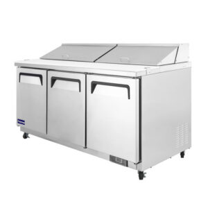 Polarman PLM-S72S 71 3/4″ Stainless Steel Sandwich Prep Table with Three Solid Full Doors, (18) 1/6 Size Pans