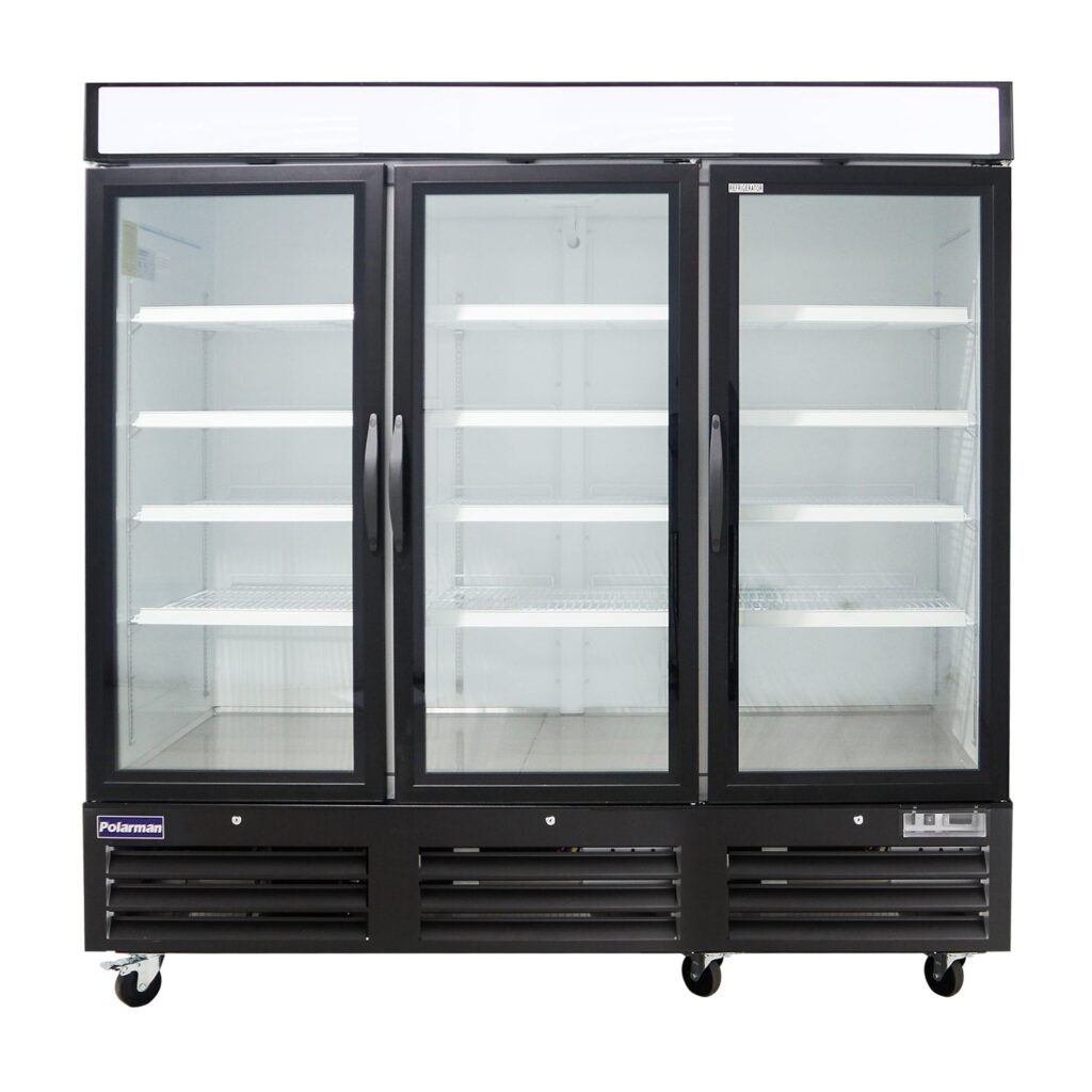 Polarman PLM-HGD72R 81″ Black Refrigerated Triple Swing Glass Door Merchandiser with LED Lighting, 72 cu.ft