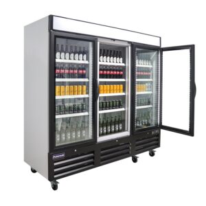 Polarman PLM-HGD72R 81″ Black Refrigerated Triple Swing Glass Door Merchandiser with LED Lighting, 72 cu.ft