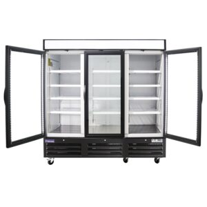 Polarman PLM-HGD72R 81″ Black Refrigerated Triple Swing Glass Door Merchandiser with LED Lighting, 72 cu.ft