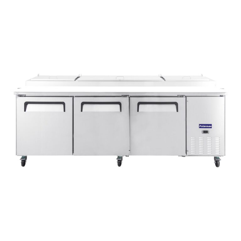 Polarman PLM-P93S 94 3/16″ Refrigerated Pizza Prep Table with Three Solid Full Doors, (12) 1/3 Size Pans