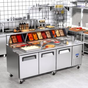 Polarman PLM-P93S 94 3/16″ Refrigerated Pizza Prep Table with Three Solid Full Doors, (12) 1/3 Size Pans