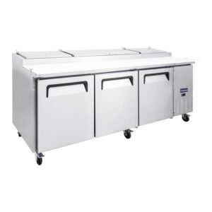 Polarman PLM-P93S 94 3/16″ Refrigerated Pizza Prep Table with Three Solid Full Doors, (12) 1/3 Size Pans