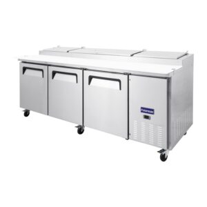 Polarman PLM-P93S 94 3/16″ Refrigerated Pizza Prep Table with Three Solid Full Doors, (12) 1/3 Size Pans