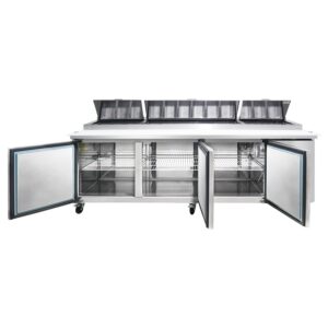 Polarman PLM-P93S 94 3/16″ Refrigerated Pizza Prep Table with Three Solid Full Doors, (12) 1/3 Size Pans