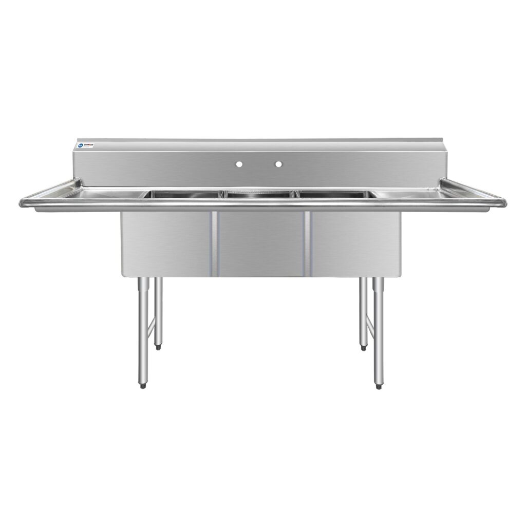ChefAsst 103″ CA-S3C182414-24LR-316 16-Gauge Stainless Steel Three Compartment Commercial Sink with Stainless Steel Legs, Cross Bracing, and Two 24″ Drainboards – 18″ x 24″ x 14″ Bowl