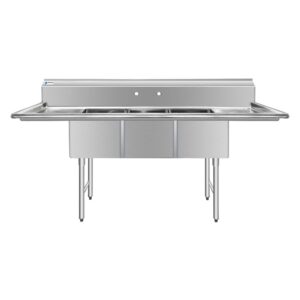 ChefAsst 103″ CA-S3C182414-24LR-316 16-Gauge Stainless Steel Three Compartment Commercial Sink with Stainless Steel Legs, Cross Bracing, and Two 24″ Drainboards – 18″ x 24″ x 14″ Bowl